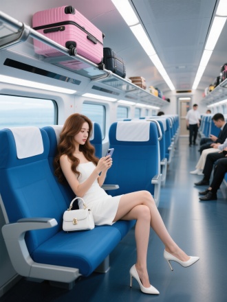 现代高铁车厢内部全景，豪华蓝色双座座椅，顶部行李架放置一个粉红色行李箱和其他行李，金属扶手泛着冷光，广角镜头捕捉车厢空间延伸感，有几个男女乘客。
一个女生，棕色长卷发，白色的性感裙子，白色小包，白色高跟鞋，坐在座椅上，手拿手机。