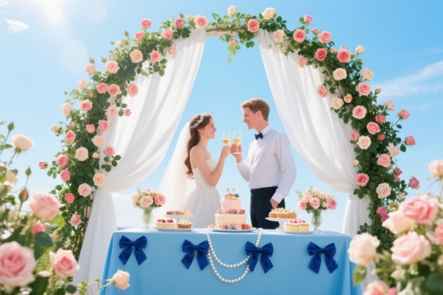 一对欧美恋人在白色的布帘中间，相拥举杯看着前面，人物面部轮廓清晰，所有人物展示全身照，攀爬月季花覆盖元素，全景视角，色彩鲜艳，阳光明媚，梦幻氛围。一张放着甜品鲜花的桌子，桌子有一个蓝色桌布覆盖，桌布上有六个蓝色蝴蝶结，还有一串小珍珠挂在中间。攀爬的月季花顺着拱形框架缠绕，在这对新人身后