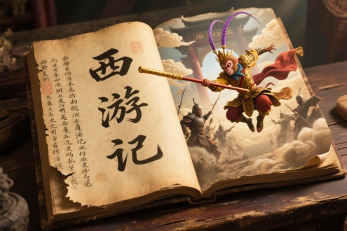 一本年代久远、边角破损的泛黄古书平放在旧书桌上展开。书页左侧，细密的古代汉字整齐排列，散发着浓浓的历史气息，统一写着 “西游记” 三个大字。书页右侧为裸眼 3D 特效呈现出大闹天宫的经典场景，3D 真实人物的孙悟空身着金甲，头戴凤翅紫金冠，手持金箍棒腾空而起，衣袂翻飞，眼神锐利有神，正与天兵天将激烈对峙，身后的南天门若隐若现，朵朵祥云缭绕，泛黄书页边缘微微卷起，纸张质感真实可触，暖调光线为整个画面增添温馨氛围，让传统东方美学与现代数字艺术碰撞出奇妙的神话意境。