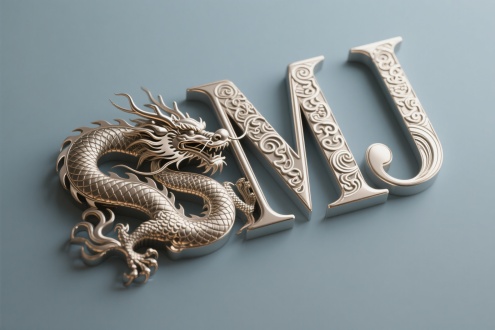主题为“MJ”的艺术字设计，横排版，采用立体金属质感，文字融入龙纹细节，3D立体效果，高精度矢量构图确保放大不失真，整体展现传统书法与现代工艺的融合，干净纯色背景，