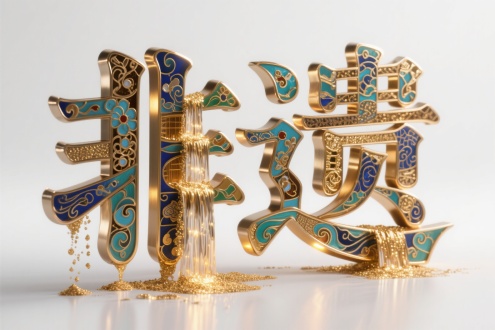 珐琅工艺文字，“非遗”字由各种精密金属材质组成，形成复杂而多层次的立体结构，三维立体，字体洒落金沙瀑布，金属材质铸造，景泰蓝风格，珐琅工艺，边缘发光，内发光，炫光，金属质感，丰富的细节，视觉冲击力，精致的光和影，大面积留白，大师杰作，24K极致超清像素，3D立体构图，C4D渲染。