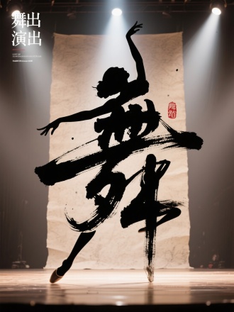 演出海報,『舞』字肢體延展成舞者剪影，水墨筆觸結合動態攝影效果，背景使用宣紙質感的舞台燈光