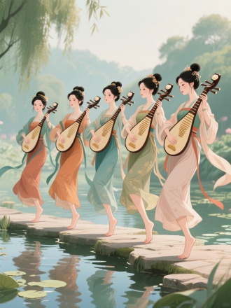 帮我生成五个古代漂亮女人，整齐的排列成一排，在池塘边拿着琵琶，光着脚丫，怀抱琵琶开始跳舞，身体自然的扭动着，画质清晰，图片风格为国风动漫，