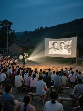 中国六七十年代农村夏夜露天电影，数以百计家庭自带板凳聚集晒场，老式放映机投射出扇形光束精准覆盖银幕，黑白胶片影像泛着发黄的人像！