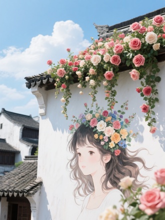 蓝天白云，阳光明媚，青瓦白墙的江南古建筑群，一堵白墙上画着一个美丽动人的手绘少女头部特写，女孩头发丰盈飞扬，头顶上盛开了各色真实的鲜花花朵，整个屋顶上也铺满了玫瑰，玫瑰层层叠叠瀑布似的从屋顶垂下，与白墙和少女的头发融为一体，好看至极。梦幻诗意风格，8k细节，超现实写真，虚拟引擎