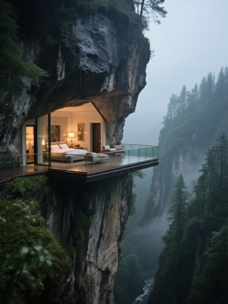 高空中悬崖峭壁上的半中间的山洞，洞口高大而宽阔，洞口有护栏，洞内有客厅和卧室，一切家俱具全，洞口和洞外有透明玻璃用作安全防护，豪华装修风格，温馨的灯光，有门从房间内墙壁通向连接的悬崖内部，崖底和崖顶都是茂密的森林，高大的树木。崖底的树木仅能看到一点点树梢，阴雨天不见阳光，崖壁上湿漉漉的，高空平视或俯拍，广角镜头，大景深，真实摄影