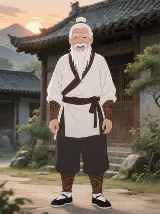 帮我生成一位古风老人，白发束于头顶，插有发簪，面容微笑，长白胡须垂至胸前；身着白色上衣，，腰间系深棕色束带，下身搭配深色长裤，裤脚挽起，露出带有复杂纹路的棕色绑腿，足蹬黑白色传统布鞋，双手自然垂放身体两侧，
 一个人站在前面，全身出镜，正对镜头，正面朝前，正面照，立正姿势，画面高清，占整个画面的三分之二。

背景为中式传统建筑，包含瓦片屋顶、木质结构房屋，周围点缀绿植。画面呈现动画风格，整体色调古朴自然，远处有山，有日落