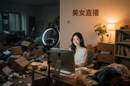 镜头前：​​ 一位妆容精致、衣着得体的女孩端坐在电脑前，柔和的暖光将她笼罩，面前有一个摄像头，身后的背景是精心布置的温馨一角，墙壁文字“美女直播”，暖色调的壁灯、整洁的书架、或许还有一株生机勃勃的绿植。她对着摄像头，神情专注，嘴角挂着恰到好处的微笑，仿佛正与世界分享着岁月静好。

​​镜头外：​​ 温馨的光圈之外，是截然不同的景象。光线迅速衰减，沉入一片狼藉的阴影之中。视线所及，杂物堆积如山：未拆的快递盒、散落的衣物、吃剩的外卖包装、蒙尘的书籍……仿佛生活的废墟被粗暴地推挤到镜头无法捕捉的角落。空气似乎都凝滞了，隐约能想象到那被光线刻意隔绝的、混杂着灰尘、食物残渣与封闭空间特有的沉闷气息。
