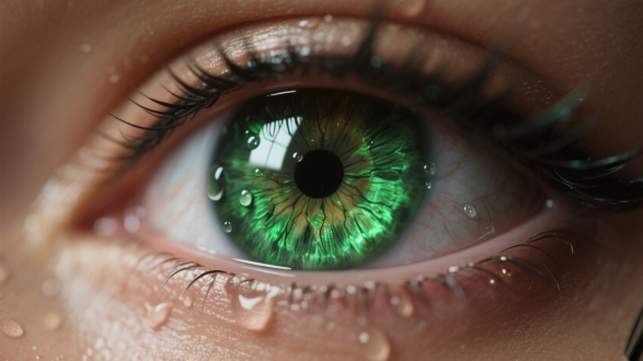 Alita Eye Effect, Extreme close up of mesmerizing eye, Ultra HD macro shot of sparkling emerald green eye, Intricate iris crypts clearly visible, Wet
cornea captured Studio lighting, DSLR shallow depth of field, Realistic skin texture, Cinematic portrait lighting, 8k detail 4K resolution Intricate iris
pattern, Wet cornea reflection with micro water droplets