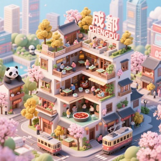 创意构图，3D风格，色彩靓丽、造型可爱，轴测图，旋转45度，宏大复杂剖面图，城市风景，主视觉为“成都 CHENGDU”文字头，层层叠叠的川西民居剖面，樱花和银杏树高低分布，空中露台、阳台花园，剖面内部展示闲适与热闹生活：人们喝茶、打麻将、听川剧、品火锅，背景有春熙路、熊猫基地、宽窄巷子天际线，街道中有老式电车，细节精致，春天氛围，大师级作品。