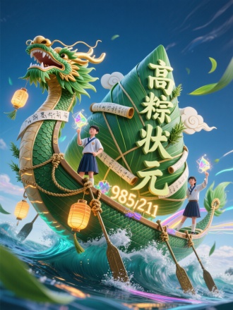 仰拍视角呈现巨型龙舟破浪升空，船身覆盖青绿粽叶纹理，龙首化为金榜题名笔架造型，龙须由千万张写满公式的试卷卷轴缠绕构成。船体两侧高考学子身着汉元素校服，手持发光 3D 粽子状能量体，脚踏由艾草香囊幻化的七彩祥云。
文字「高粽状元」采用蒸腾的立体粽形结构：
・每个汉字笔画都由青翠粽叶层叠包裹，叶脉透出甲骨文魁首暗纹
・字体棱角处生长着艾草穗与祥云浮雕，叶尖悬挂微型状元卷轴坠饰
・文字表面覆盖流动的蜂蜜琥珀釉，内部悬浮着 文字“985/211” 编号的发光糯米粒子
・笔画转折处镶嵌青铜龙舟桨造型镶边，底部托举着幻化成宫灯样式的粽绳结
（文字与背景中破浪的霓虹龙舟产生粒子共鸣，每片粽叶边缘蒸腾青金色流体特效，在蓝调时刻背景下形成科举卷轴展开的光轨残影）