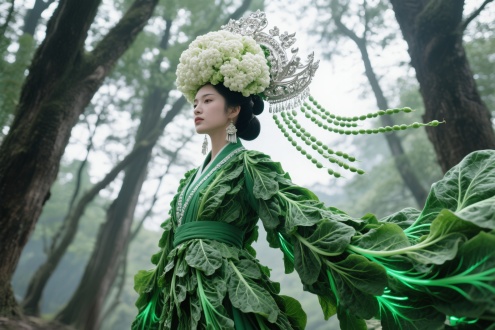 低角度仰拍，，身着菠菜绿汉服的女子傲然立于古木参天的密林之中，衣袍由千万片菠菜叶编织而成，每片叶脉流淌着荧光的青绿色能量，随衣摆翻涌形成螺旋上升的叶浪动态。头戴巨型花菜改造的苗族银冠，乳白色花球层叠绽放为立体银饰造型，发髻间垂落由嫩豌豆串成的流苏，随狂风剧烈晃动闪烁翡翠光泽