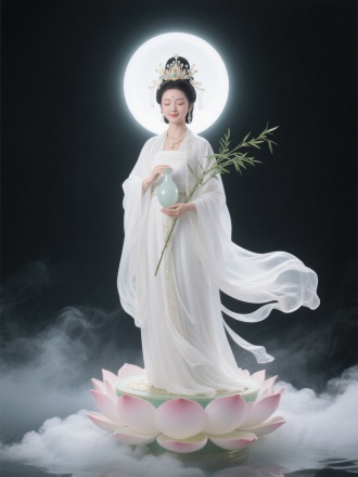 一个汉服美女，多身着飘逸白衣，头戴宝冠，闭着眼睛面带微笑，头后有白色圆光，立于莲花宝座，底部白云飘荡，周围飘荡着轻烟，手持杨柳枝与玉露瓶