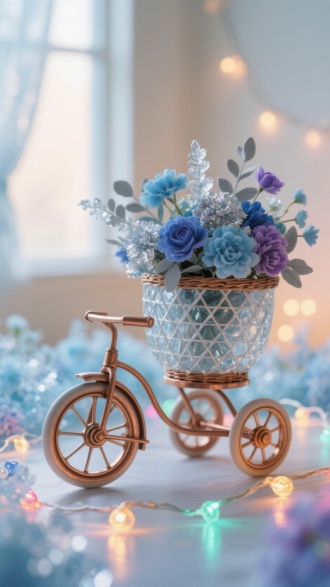 “蓝调梦境：铜车承载的冰晶花海”
在温馨的室内场景中，有一个造型独特且迷你可爱的摆件。该摆件是一辆铜质三轮车，其前轮大、两后轮小，车身线条圆润。三轮车上稳稳地载着一个大大的圆形编织花篮，花篮由透明玻璃精心编织而成，纹理清晰可见。花篮里装满了色彩鲜艳的仿真花束，花朵以蓝、紫、银等冷色调为主，还搭配着淡灰的叶子，显得晶莹剔透。花篮的周围环绕着明亮且五颜六色的串灯，串灯发出柔和的光，自然地分布在周围，营造出浪漫、梦幻的氛围。室内背景是柔和的浅色调，利用逆光和柔光，让整个画面立体而清晰，尽显唯美与温馨。