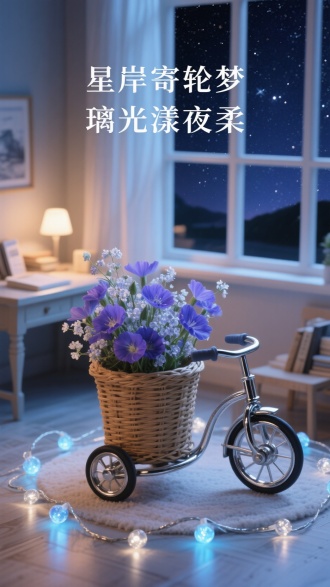 画面主体是迷你摆件镜面不锈钢三轮车，车上载着藤编大编制桶，桶中装满蓝紫色琉璃苣与水晶满天星，周围环绕冰蓝与银灰渐变串灯，场景室内临窗书桌（背景为星空夜景窗景），营造出唯美、温馨、浪漫、梦幻的氛围。采用逆光、柔光效果，画面立体清晰。海报上方诗意文案“星岸寄轮梦，璃光漾夜柔”。