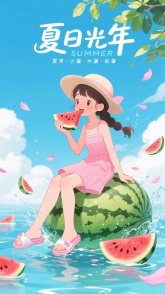 卡通风格夏日插画，清新治愈氛围。扎单侧马尾的少女，身着粉色吊带裙，脚踩带粉饰的白色凉鞋，头戴浅米色宽边遮阳帽，慵懒坐在漂浮于波光粼粼水面的巨型西瓜上（西瓜溅起细碎水花），手持西瓜片轻咬，周围散落红瓤黑籽的西瓜切片与粉色花瓣。背景是晴朗蓝天（缀蓬松白云），上方垂落绿叶枝桠。画面采用明亮柔光，高饱和度色彩（粉、绿、蓝碰撞），营造梦幻夏日感。顶部艺术字“夏日光年”（融合英文“SUMMER”），底部小字标注“夏至·小暑·大暑·处暑” 。  