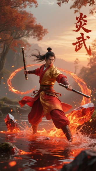 国风仙侠场景，一位身着赤金渐变武士劲装的英气武者，高束武士发髻，长发随风飞舞，手持玄铁双节棍立于沸腾泉眼水面，舞动双棍带起环形飞溅的熔岩火星，破碎赤晶曜石质感的 “炎武” 二字融入热浪，背景是朦胧黄昏枫树林，营造炽热武侠氛围感，画面动态感强、色彩浓烈，突出仙侠战斗意境。
