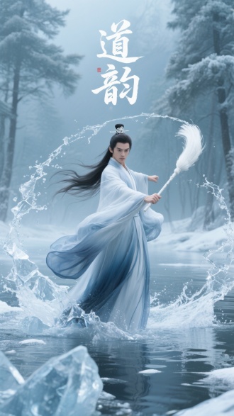 国风仙侠场景，一位身着银蓝渐变道袍的清冷道长，高束玉簪发髻，长发随风飞舞，手持白玉拂尘立于寒潭水面，挥动拂尘带起环形飞溅冰晶水花，破碎冰裂纹理质感的 “道韵” 二字融入寒浪，背景是朦胧雾凇青松林，营造空灵武侠氛围感，画面动态感强、色彩清冽，突出仙侠战斗意境。
