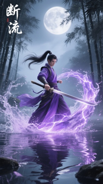 国风仙侠场景，一位身着玄紫渐变劲装的冷峻刀客，高束马尾，长发随风飞舞，手持狭长唐刀立于镜湖水面，挥刀斩出环形飞溅的紫电水浪，破碎雷纹琉璃质感的 “断流” 二字融入激流，背景是朦胧月下墨竹林，营造凌厉武侠氛围感，画面动态感强、色彩神秘，突出仙侠战斗意境。