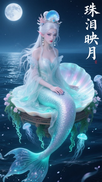 海报设计，上文案“珠泪映月”
(((清冷绝尘))), (((空灵哀艳))), 古风幽冥美人, 邪魅凤眼, 细长眼尾, 雪肤凝脂, 湿发拂面, 凌乱发丝, 朱唇微启, 魅惑神情, 丰盈体态, 纤指分明刻画
妩媚神秘鲛人，长长的睫毛，细长的眼尾毛，精致的面容，戴着月光珍珠贝壳耳环，
一位身材高挑，腰肢纤细的鲛人少女，身着青白渐变水光鲛绡长裙，裙上有立体冰晶与浪花纹路，飞天髻，长银白发丝，头戴月光贝母与珊瑚发冠，坐在一个悬浮于海面之上、由巨大发光贝壳构成的空中亭阁上，亭阁缠满了半透明蓝绿色荧光海藻与水母触须般的花朵，鲛绡裙的流光拖尾随海风轻扬，细碎的发光水母微粒飘在空中，俯视角度，月夜海天相接，全身照，
冰蓝色眼影，浅藕荷色腮红，嘴唇涂光泽淡粉晶冻色的口红，手指美甲，优雅且富有创意写实逼真，CG厚涂，3D高精度建模渲染 ,OC渲染 Dolby Vision动态范围，立体唇纹反光，细腻皮肤纹理 柔和，真人比例建模，电影级景深，精确的面部解剖结构，微距摄影打光技术，动态表情捕捉，瞳孔虹膜分层着色。深灰色背景。