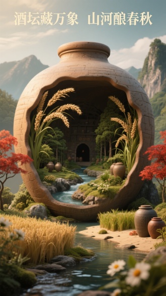 创作一瓶超级大的陶制酒坛造型场景，酒坛内包罗万象：由酒窖溪流、红枫沙滩、糯稻绿植、野菊深林、酒瓮小岛、酒曲山脉元素组成，整体呈现大大酒坛造型；采用UE5效果渲染，增加景深强化空间纵深感，运用电影光（暖调侧逆光勾勒酒坛粗陶肌理，散射光柔化内部稻穗酒花）。上方标题文案：“酒坛藏万象  山河酿春秋”
