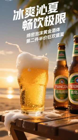 上方文案，主标题“冰爽沁夏 畅饮极限”，副标题“绵密泡沫黄金酒体 第二件半价狂欢盛夏”。超写实特写：桌子上溢出奶油白色泡沫的冰镇琥珀色啤酒，玻璃杯壁布满冷凝水珠，旁边两瓶“青岛”啤酒，背景为夕阳下的金色海滩。强烈的逆光穿透酒体，浅景深，商业级摄影质感，8K高清，电影光影