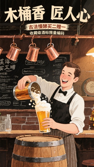 手绘海报风格：欢乐酒保从橡木桶接取泡沫翻腾的艾尔啤酒。背景为铜制酒杯悬挂的温暖酒馆，黑板菜单可见。水彩质感，明显笔触，1920年代复古酒厂广告 ，上方文案：主标题“木桶香 匠人心”，副标题：“古法慢酵买二赠一 ”，“收藏级酒标限量编码”