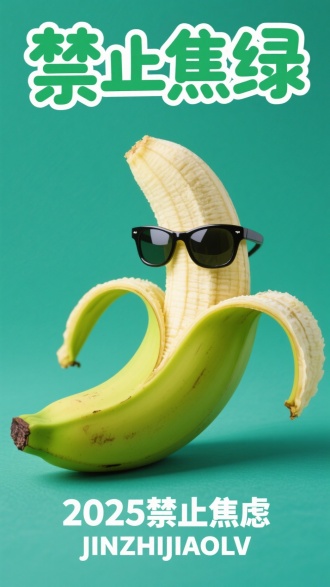 画面主体是一个剥开的绿色香蕉特写，占据着画面的二分之一，香蕉戴着一副墨镜，纯色背景，顶部是童趣风格艺术字“禁止焦绿”，底部有文字“2025禁止焦虑”和“JINZHIJIAOLV”画面简约，鲜艳的撞色设计，海报设计，画面灵动，创意构图，创意与想象交织