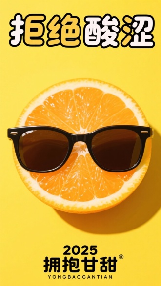 画面主体是一个切开的橙色橙子特写，占据着画面的二分之一，橙子瓣戴着一副墨镜，纯色亮黄色背景，顶部是童趣风格艺术字“拒绝酸涩”，底部有文字“2025 拥抱甘甜”和“YONGBAOGANTIAN”。画面简约，橙色与亮黄色的撞色设计，海报设计，画面灵动，创意构图，创意与想象交织。