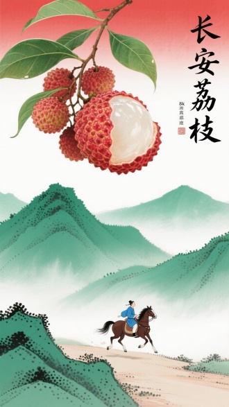 一串带有绿叶的荔枝，其中一颗荔枝拨开了，在画面上方，前景正面特写，背景是连绵的青绿山脉，荔枝大山小，对比强烈，下面是一个极小的穿蓝色衣服的唐朝驿夫正骑着马在山路上飞奔着，点彩水墨画，背景红绿白晕染渐变，细致工笔边缘，磨砂颗粒，中式审美，大面积留白，大小对比强烈，细节丰富，8K高清画质，文案：书法字“长安荔枝”