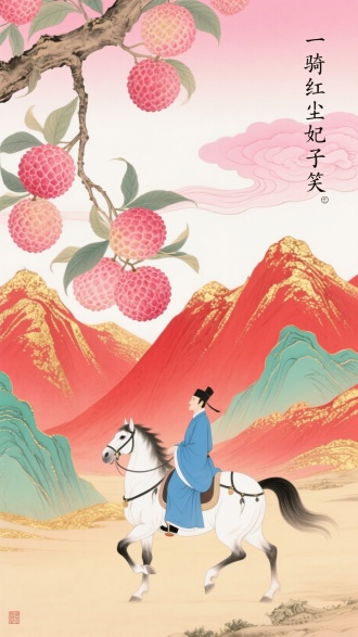 新中式工笔插画，以 “一骑红尘妃子笑” 为创意，超大幅粉嫩荔枝挂在枝桠，饱满圆润带纹理，唐朝文人装束男子（头戴幞头、身着蓝色宽袍）骑黑马奔驰，红调山峦用金箔点缀，远处青绿山水以线条勾勒并饰金色纹理，天空粉白渐变搭配祥云，营造古典诗意又华丽的国风场景，色彩浓丽和谐 。