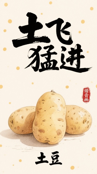 水彩风格农产品插画，浅米色背景，绘制 3 个带自然斑点、立体阴影的写实水彩土豆，上方用毛笔书法字体写黑墨色 “土飞猛进”，下方配同风格 “土豆” 小字，右侧加迷你红色篆刻 “谐音画” 印章，背景散布零星土黄色小圆点，营造质朴清新手绘氛围