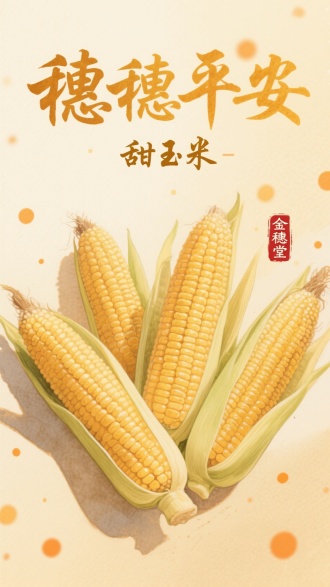 水彩风格农产品插画，浅麦金色背景，绘制 5支 带饱满颗粒纹理、立体阴影的写实水彩玉米棒，上方用毛笔书法字体写琥珀色 “穗穗平安”，下方配同风格 “甜玉米” 小字，右侧加迷你红色篆刻 “金穗堂” 印章，背景散布零星阳光橙色小圆点，营造质朴清新手绘氛围