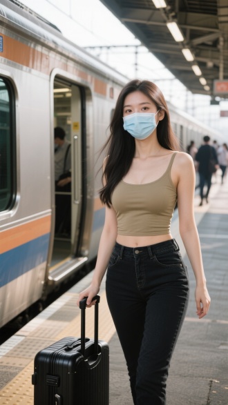 创作一幅在火车站台的场景图，画面主体是一位年轻女性。大胸，她戴着医用口罩，留着长发，身穿卡其色紧身背心与黑色牛仔裤，手持黑色拉杆箱。背景呈现一列停靠的列车，车门敞开，站台上有其他旅客，营造出日常出行的氛围，光线自然真实，突出人物青春时尚的形象 。