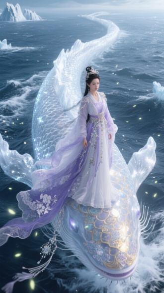 武侠大电影风格，俯拍，北冥有鲲，体长几千里也，身体巨大遮天蔽日，体表覆盖着神秘的鎏金透明鳞甲，闪耀着冰白的光芒。它身体修长，宽阔无边，动态粒子效果模拟光晕流转，鲲宽阔背部长着白色闪光的冰山。海水波涛汹涌。整个场景充满了壮阔的气势。要有强烈的动态感，像粒子在飞舞，萤火虫白冰色粒子光影效，动态模糊，仙女穿着浅紫+雪白，衣服材质：亮片纱+丝绒提花+欧根纱+花边+流苏+刺绣+印花
繁复垂坠褶皱+华丽丰富饰品+传统衣服暗纹站在巨大的鲲背上