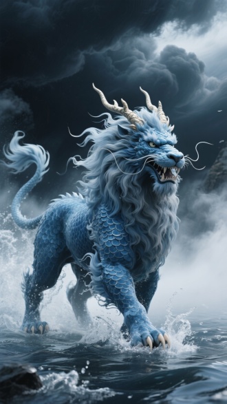 水麒麟的图片，龙头龙角龙须，龙头毛发飘舞，身体像狮子，但是全身覆盖湛蓝色龙鳞，从水中走出来，威严，睥睨天下，周围水汽升腾，背黑云缭绕，四个蹄子都缠绕着水流。