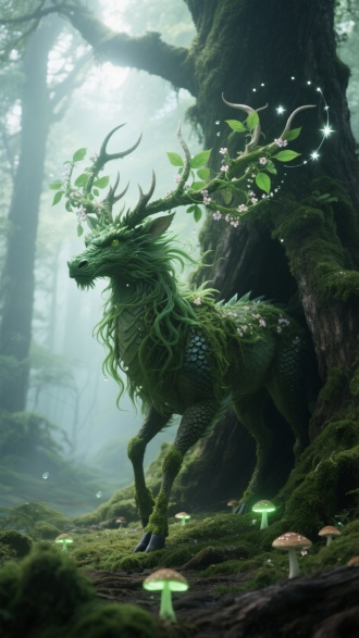 原始巨木丛林深处，龙首碧绿藤蔓发须飘舞，龙角分枝生发翡翠新叶，身躯似麋鹿披覆苔藓鳞甲，从千年树洞踱步而出。蹄尖触碰地面绽放荧光菌菇，鹿角缠绕星点花粉，背景是晨曦穿透的翡翠雾霭，露珠悬浮如星环，空灵威压似自然化身。