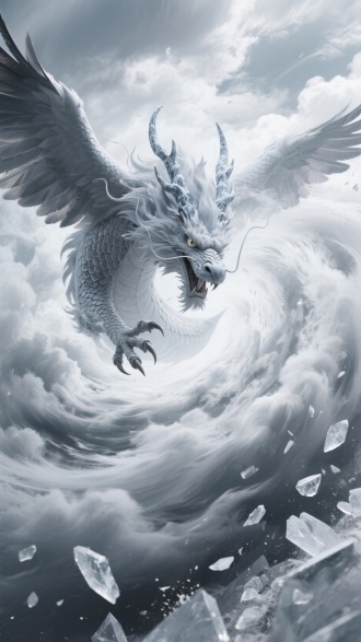暴风眼中央，龙首银灰鬃毛如云涡旋转，龙角凝结冰霜气旋，身躯似雪狮覆盖羽状鳞甲，从龙卷风壁穿透而出。鹰爪撕扯气流形成真空刃，翼展搅动云海漩涡，背景是灰白相间的飓风云墙，碎冰随风暴疾射，傲视天地如风之主宰。