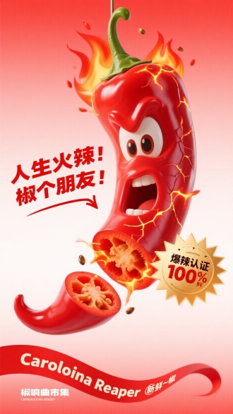 淡番茄红渐变背景，悬垂弯曲红椒与椒圈切片。红椒油亮带自然皱褶，椒尖绘喷火怒吼表情；椒圈拟人旋转，筋络透光，环绕赤焰爆炸对话框。椒身迸发熔岩裂纹字："人生火辣！椒个朋友！"笔画嵌辣椒籽；切片旁熔金太阳标签："爆辣认证 100%鲜"；左下角朱红飘带书"新鲜～椒"，下方小字"椒响曲市集"；飘带底部英文：Carolina Reaper。