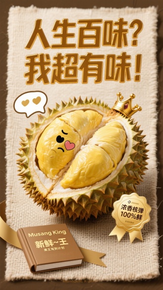 淡咖色麻布背景，裂壳榴莲与金黄果肉。尖刺外壳绘傲娇撇嘴表情，刺尖冒爱心；果肉拟人捧盒，拉丝绵密，头顶鎏金王冠对话框。刺丛弹出琥珀立体字："人生百味？我超有味！"字体嵌尖刺；果肉旁钻石勋章标签："浓香核弹 100%鲜"；左下角金咖色飘带书"新鲜～王"，下方小字"果王驾到计划"；飘带底部英文：Musang King。