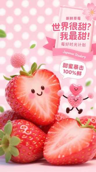 粉白波点背景，堆叠心形草莓与剖面特写。草莓籽粒凸起带光晕，果顶绘腮红微笑表情；剖面拟人跳跃，果肉透红，怀抱桃心糖果对话框。果蒂钻出胭脂绒球字："世界很甜？我最甜！"字周环绕小绿叶；剖面旁水晶糖霜标签："甜蜜暴击 100%鲜"；右上角樱花粉绸带书"新鲜草莓"，下方小字"莓好时光计划"；绸带底部英文：Japanese Strawberry。