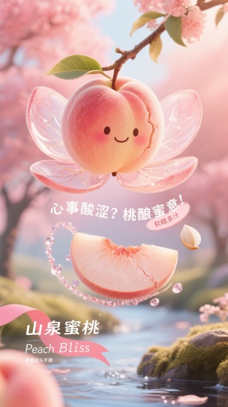配色：珊瑚粉渐变背景
水果：悬垂水蜜桃与透光桃瓣圈
事件：邂逅
场景：溪畔桃林

桃皮绒毛柔光，桃尖绘腮红微笑表情；
桃瓣拟人旋转，脉络透如纱，环抱花瓣波纹框；
果身糖霜裂字：“心事酸涩？桃酿蜜意！”笔画嵌水晶粒；
切片旁贝母标签：“软糯多汁”；
左下角胭脂飘带书“山泉蜜桃”，下方小字“晨露枝头手摘”；
飘带底英文：Peach Bliss