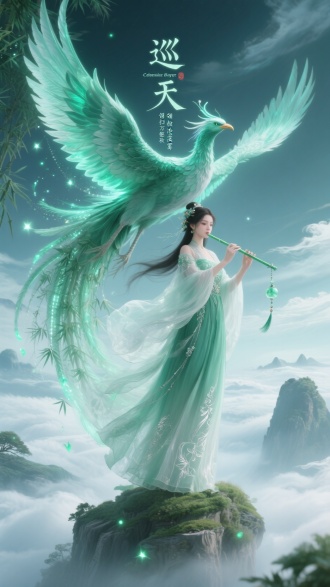 配色：翡翠绿+月白光晕
生物：翼展千里的上古青鸾（羽翎覆琉璃鳞甲，流转青霞）
场景：云海仙岛之巅
事件：巡天

巨兽动态：尾羽拖曳星屑粒子，背部生长发光玉竹林
环境特效：罡风卷云浪，萤火状青玉粒子在翎羽间飞旋
仙女设定：着竹青渐变薄绸裙（透光欧根纱+银丝暗纹+玉铃流苏），执碧箫立于鸾颈
氛围文案：“翼掀沧溟雾，翎扫万壑秋” + 粒子组成古篆“巡天”
英文标签：Celestial Flight