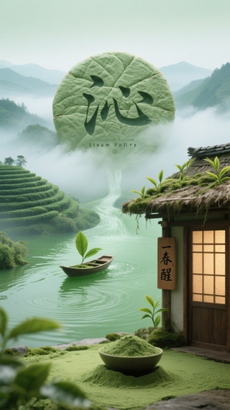 配色：青绿山水渐变
远景：云海中巨型茶饼叠成青山，饼纹如梯田
中景：碧玉色茶汤长河从云间倾泻，浮沉嫩茶叶
近景：抹茶粉铺就的地面，左侧茶寮茅屋顶落满茶芽
细节文案：

水墨雾气萦绕茶山，茶饼缝隙生微光苔痕
茶汤河波纹拟篆书“沁”字，叶舟载露珠
茅屋窗棂透焙茶暖光，门悬“春醒”木牌
印章题字：“一叶承天地”
英文标签：Steam Poetry