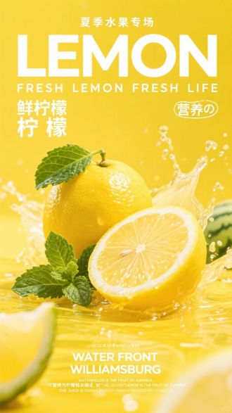 夏季柠檬主题海报，要求以明亮黄色为背景主色调，营造清新活力氛围 。画面中呈现新鲜柠檬，包含完整柠檬果（表皮光滑鲜亮）、切开的柠檬片（露出鲜嫩果肉、清晰果络 ），搭配飞溅的柠檬汁液（呈现动态感，凸显新鲜多汁 ）与翠绿薄荷叶点缀 。文案部分，上方有 “夏季水果专场” 字样做场景铺垫，大字突出 “LEMON” 英文标题，下方配 “FRESH LEMON FRESH LIFE” 辅助英文 ，中文 “鲜柠檬”“柠 檬” 等文字穿插排版，要有 “营养の” 这类日式风格词汇增加特色 ，底部放置 “WATER FRONT WILLIAMSBURG” 等装饰性文字（可按需调整 ），再补充类似 “WATERMELON IS THE FRUIT OF SUMMER…（可替换为柠檬相关描述，如‘LEMON IS THE FRUIT OF SUMMER, THE JUICE IS SOUR AND REFRESHING, AND IT CAN BOOST VITALITY’ ）” 的英文文案，整体打造出清新、夏日感足、突出柠檬新鲜与活力的促销海报 ，适配即梦 AI 创作逻辑，生成风格统一作品 。