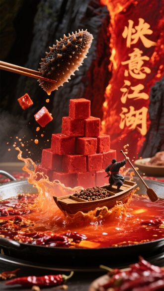 红油火锅汤沸腾成赤色熔岩带，毛肚如黑曜石层叠为断崖，鸭红豆腐块垒成朱砂峰，辣椒壳轻舟上花椒侠客挥筷作桨，牛油浪花托起"快意江湖"火焰字。慢镜头捕捉毛肚弹跳瞬间，红油挂壁如琥珀。