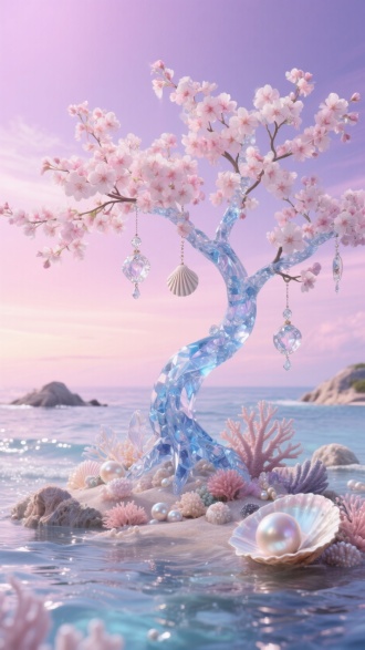 在柔和渐变的粉紫天空下，构建一座梦幻海岛场景。有蜿蜒如蓝水晶般的樱花树，枝头开满粉白樱花，树上悬挂着精致水晶吊饰、贝壳风铃。树下是珍珠、贝壳、珊瑚组成的奇幻地貌，周围是波光粼粼的海水，整体风格华丽梦幻，充满童话般的浪漫与精致细节，呈现出超现实的唯美氛围 ，用细腻的光影和色彩渲染，打造出如水晶般剔透的质感 。