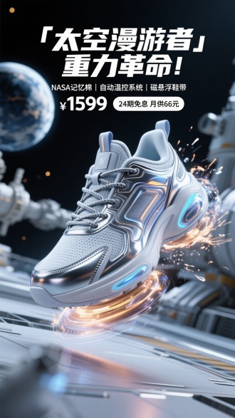 主视觉：运动鞋在太空站旋转迸发液态金属特效
主标题："「太空漫游者」重力革命！"
副标题："NASA记忆棉｜自动温控系统｜磁悬浮鞋带"
价格："¥1599" + 优惠："24期免息 月供66元"