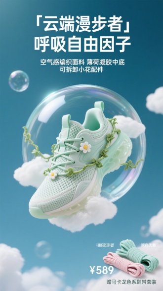 主视觉：运动鞋悬浮在透明气泡中，鞋带化作青藤缠绕云朵
主标题："「云端漫步者」呼吸自由因子"
副标题："空气感编织面料  薄荷凝胶中底  可拆卸小花配件"
价格："¥589"   优惠："赠马卡龙色系鞋带套装"