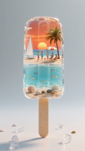 以超写实风格，塑造一根透明水晶质感的冰棍，冰棍内部封存着完整的海滨度假场景。上层是阳光明媚的海滩，有橙红落日、湛蓝大海、白色帆船、棕绿椰树，树下撑着遮阳伞，几位穿着休闲的人物（有站立、休憩姿态 ）在沙滩活动；中层是清澈海水，漂浮着小鱼；下层是沙滩底部，有贝壳、石子等。冰棍周围散落少量小冰块，背景为简洁浅灰色，突出冰棍的晶莹剔透与内部场景的细腻丰富，营造清凉、梦幻的夏日氛围 ，强调光影对透明材质和内部场景的渲染，让冰棍如琥珀般封存美好度假画面 。
